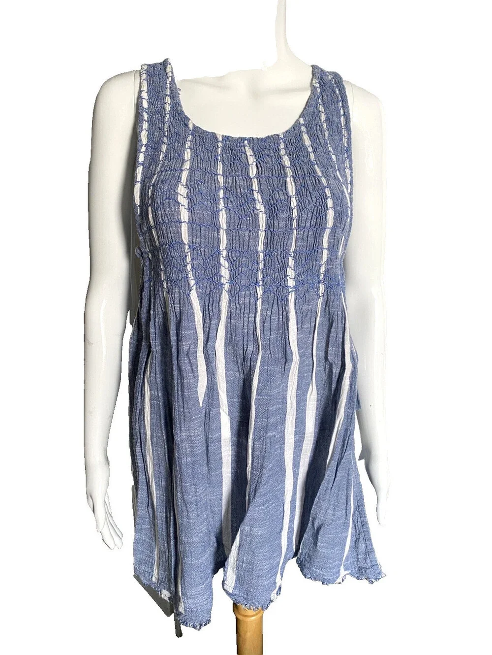 FREE PEOPLE Womens Blue Striped Sleeveless Jewel Neck Trapeze Top S Small